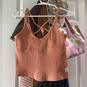 Vuori Brown Ribbed Backless Crop Tank Top